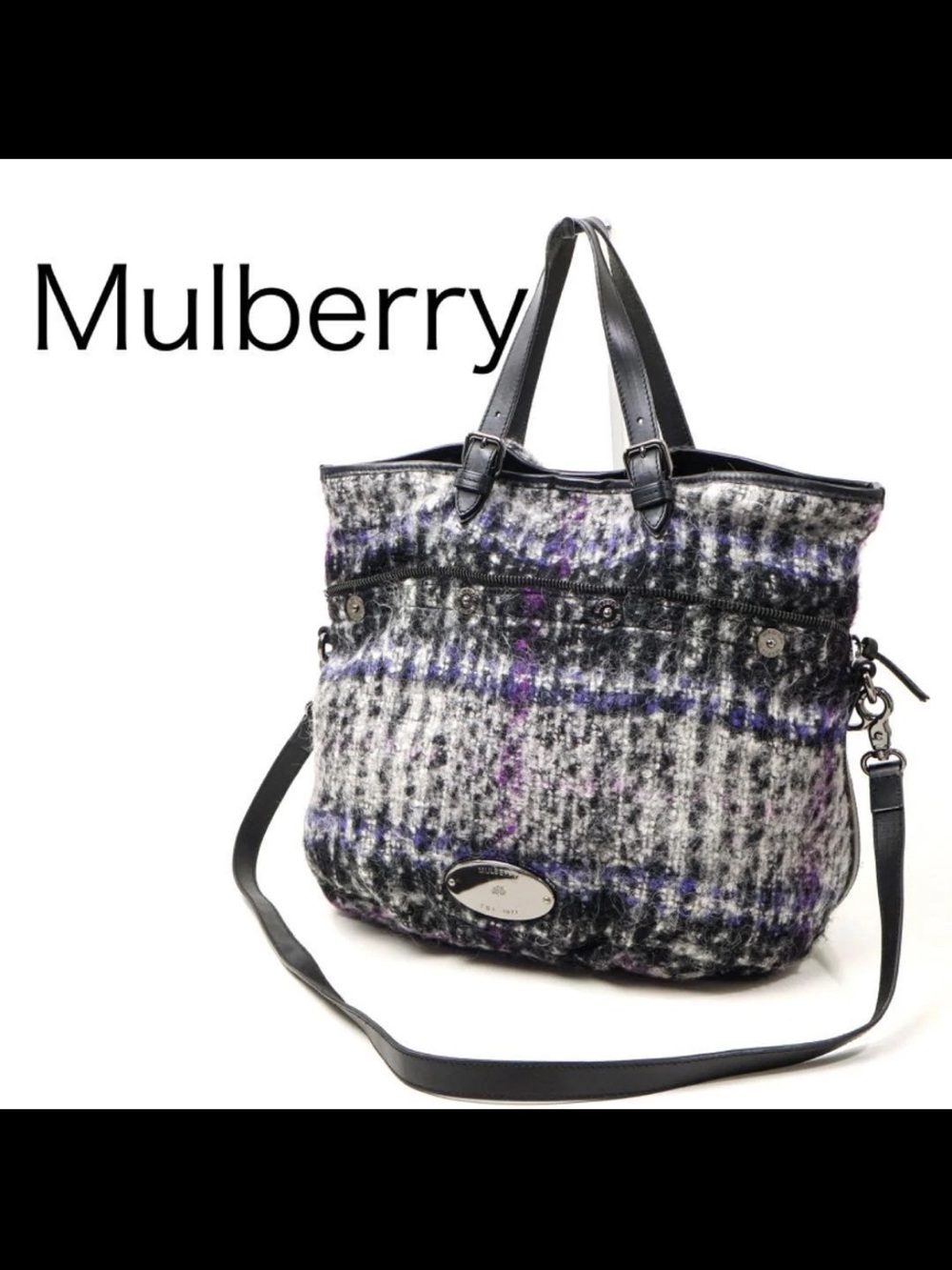 Mulberry Gray & Purple Plaid Wool Tote with Black Leather Trim